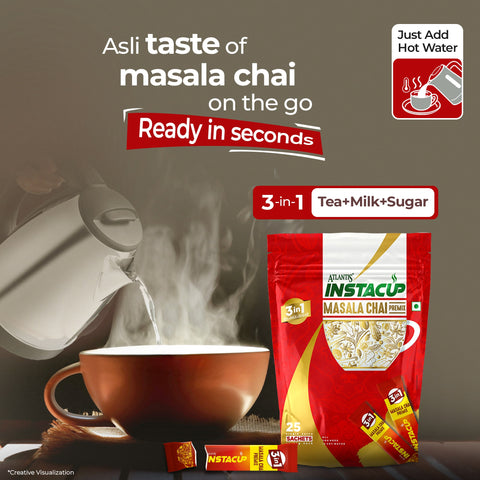 Atlantis InstaCup 3-IN-1 MASALA Chai Premix Single Serve Sachets Pack | 25 Sachets X 14 Grams Pouch Pack | Travel-Friendly Zipper Pack | Just Add Hot Water & Stir