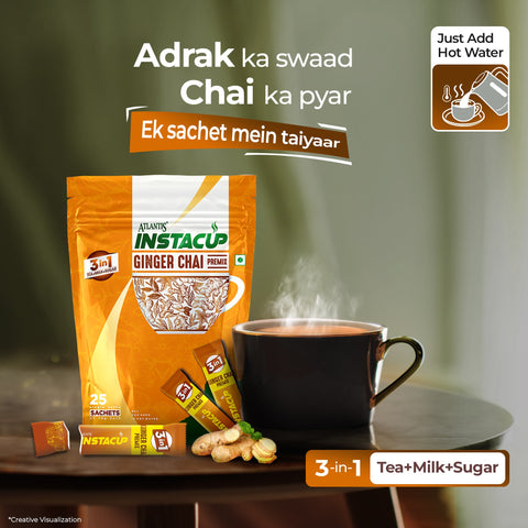 ATLANTIS INSTACUP 3-IN-1 Ginger Tea Premix Single Serve Sachets Pack | 25 Sachets X 14 Grams Pouch Pack | Travel-Friendly Zipper Lock Pack | Just Add Hot Water & Stir