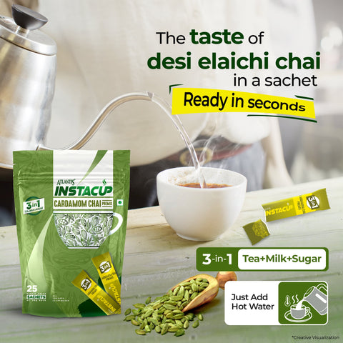 ATLANTIS INSTACUP 3-IN-1 Cardamom Chai Premix Single Serve Sachets Pack | 25 Sachets X 14 Grams Pouch | Travel-Friendly Zipper Lock Pack | Just Add Hot Water & Stir