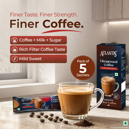 ATLANTIS Ultraground Instant Coffee Premix | Rich Filter Coffee Inspired Taste with Milk & Sugar | Just Add Hot Water | 5 Sachets | Travel Friendly