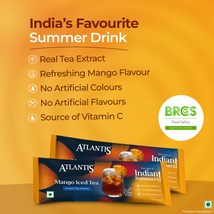 Atlantis Instacup Mango Iced Tea Premix Single Serve Sachets | Just Add Cold Water | Instant Refreshing Taste | Travel-Friendly | Source of Vitamin C | Pack of 15