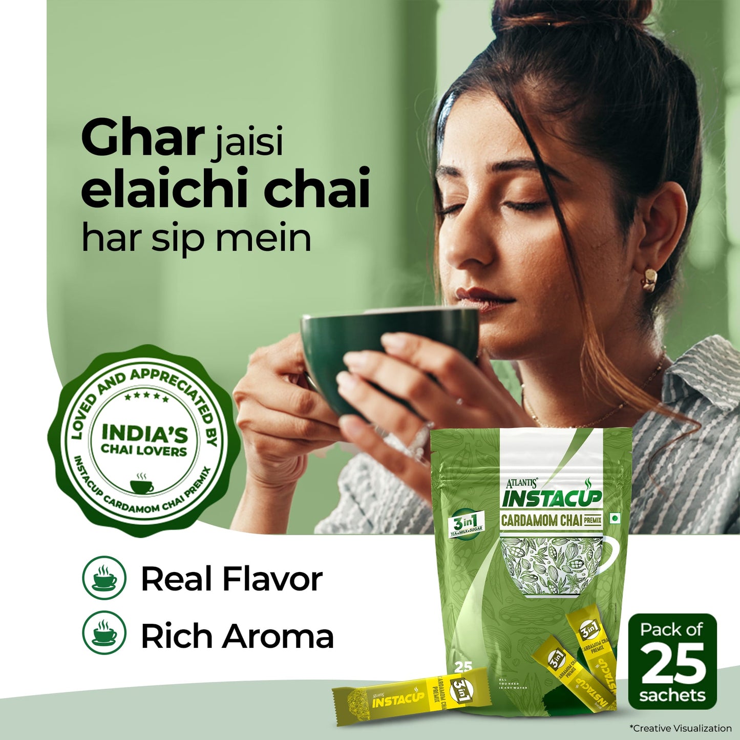 ATLANTIS INSTACUP 3-IN-1 Cardamom Chai Premix Single Serve Sachets Pack | 25 Sachets X 14 Grams Pouch | Travel-Friendly Zipper Lock Pack | Just Add Hot Water & Stir