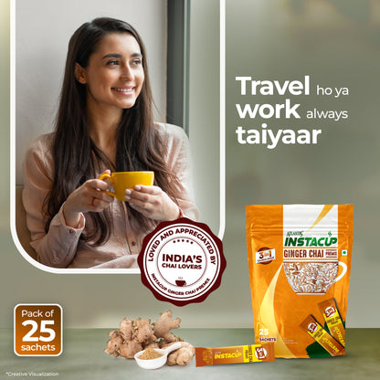 ATLANTIS INSTACUP 3-IN-1 Ginger Tea Premix Single Serve Sachets Pack | 25 Sachets X 14 Grams Pouch Pack | Travel-Friendly Zipper Lock Pack | Just Add Hot Water & Stir