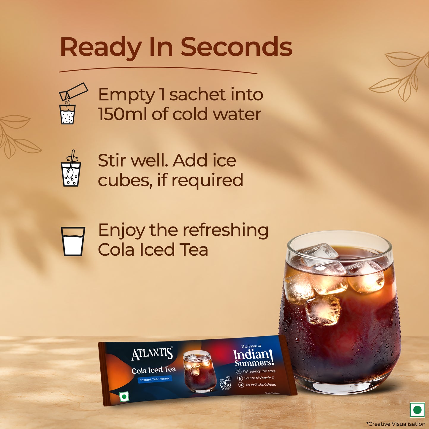 Atlantis Cola Iced Tea Instant Premix | Refreshing Cola Flavour with Real Tea Extract | 15 Sachets | Just Add Cold Water | Source of Vitamin C | No Artificial Colours | Travel Friendly