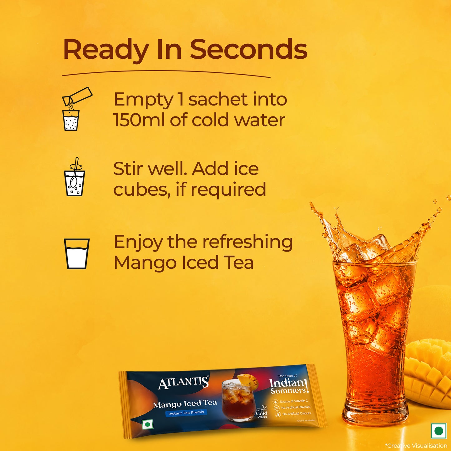 Atlantis Instacup Mango Iced Tea Premix Single Serve Sachets | Just Add Cold Water | Instant Refreshing Taste | Travel-Friendly | Source of Vitamin C | Pack of 15