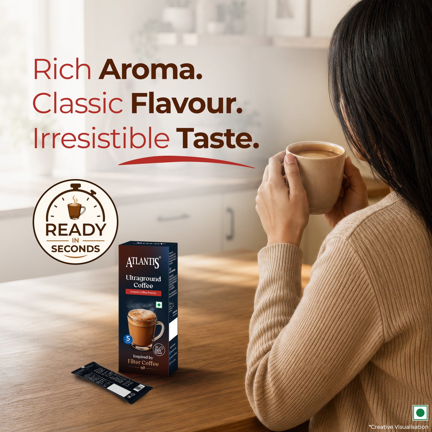 ATLANTIS Ultraground Instant Coffee Premix | Rich Filter Coffee Inspired Taste with Milk & Sugar | Just Add Hot Water | 5 Sachets | Travel Friendly