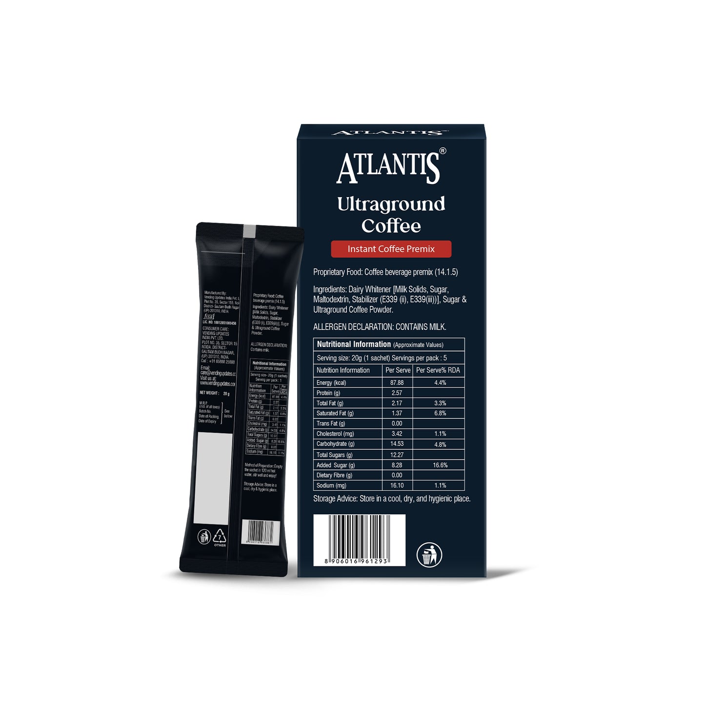 ATLANTIS Ultraground Instant Coffee Premix | Rich Filter Coffee Inspired Taste with Milk & Sugar | Just Add Hot Water | 5 Sachets | Travel Friendly