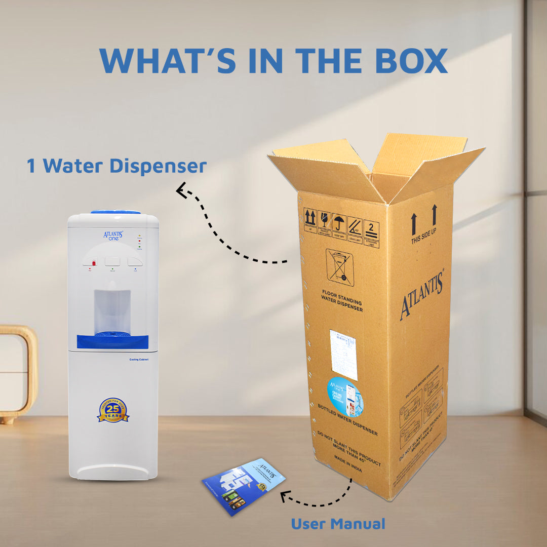 ATLANTIS ONE (Hot, Normal & Cold) Water Dispenser with Cooling Cabinet (Small Fridge) Box Material 