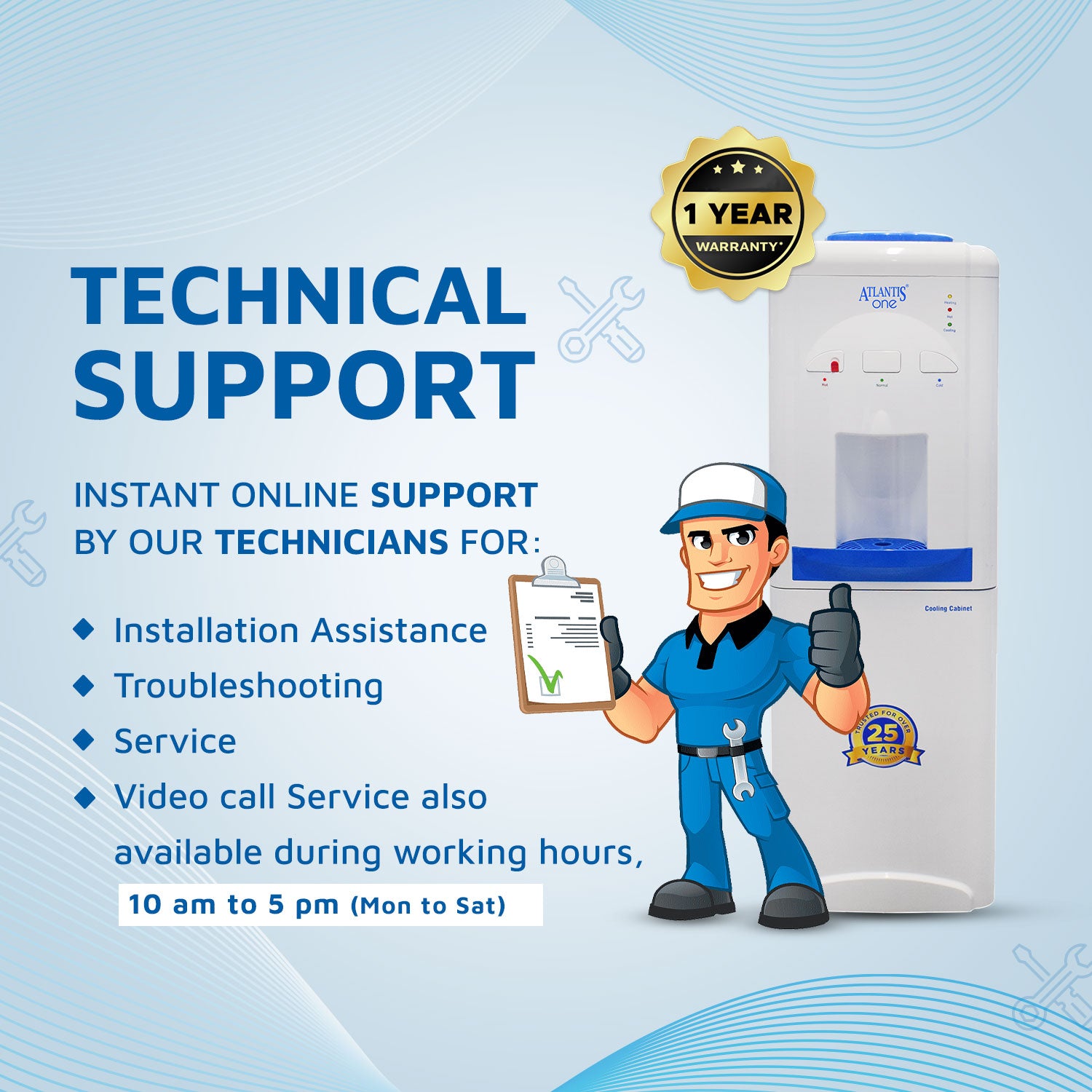 ATLANTIS ONE (Hot, Normal & Cold) Water Dispenser with Cooling Cabinet (Small Fridge) Technical Support