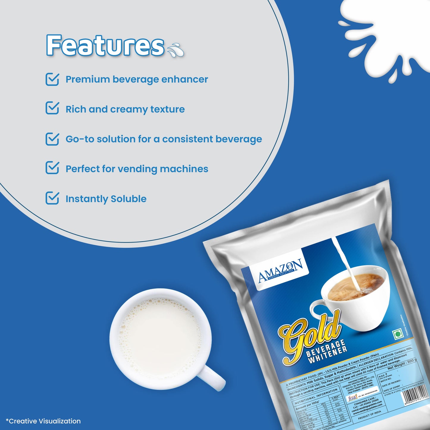 AMAZON Gold Beverage Dairy Mix Whitener | 500gms Pack (Perfect for Atlantis Select | Tea & Coffee Use)