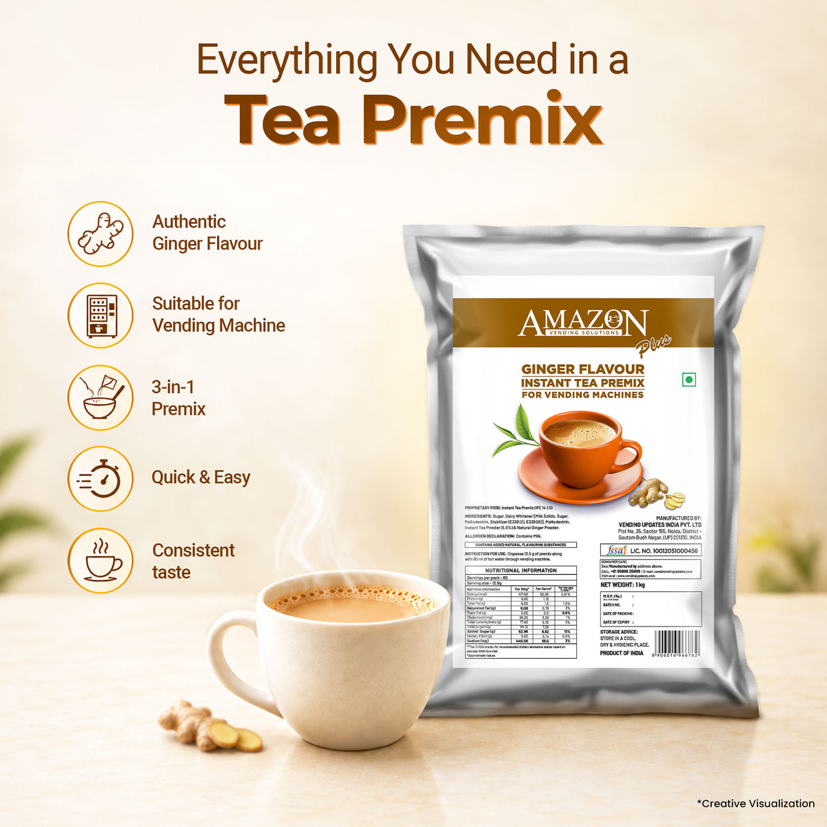 AMAZON Plus 3-in-1 Ginger Tea Premix – 1kg Pack | Instant Chai for Vending Machines – Just Add Hot Water