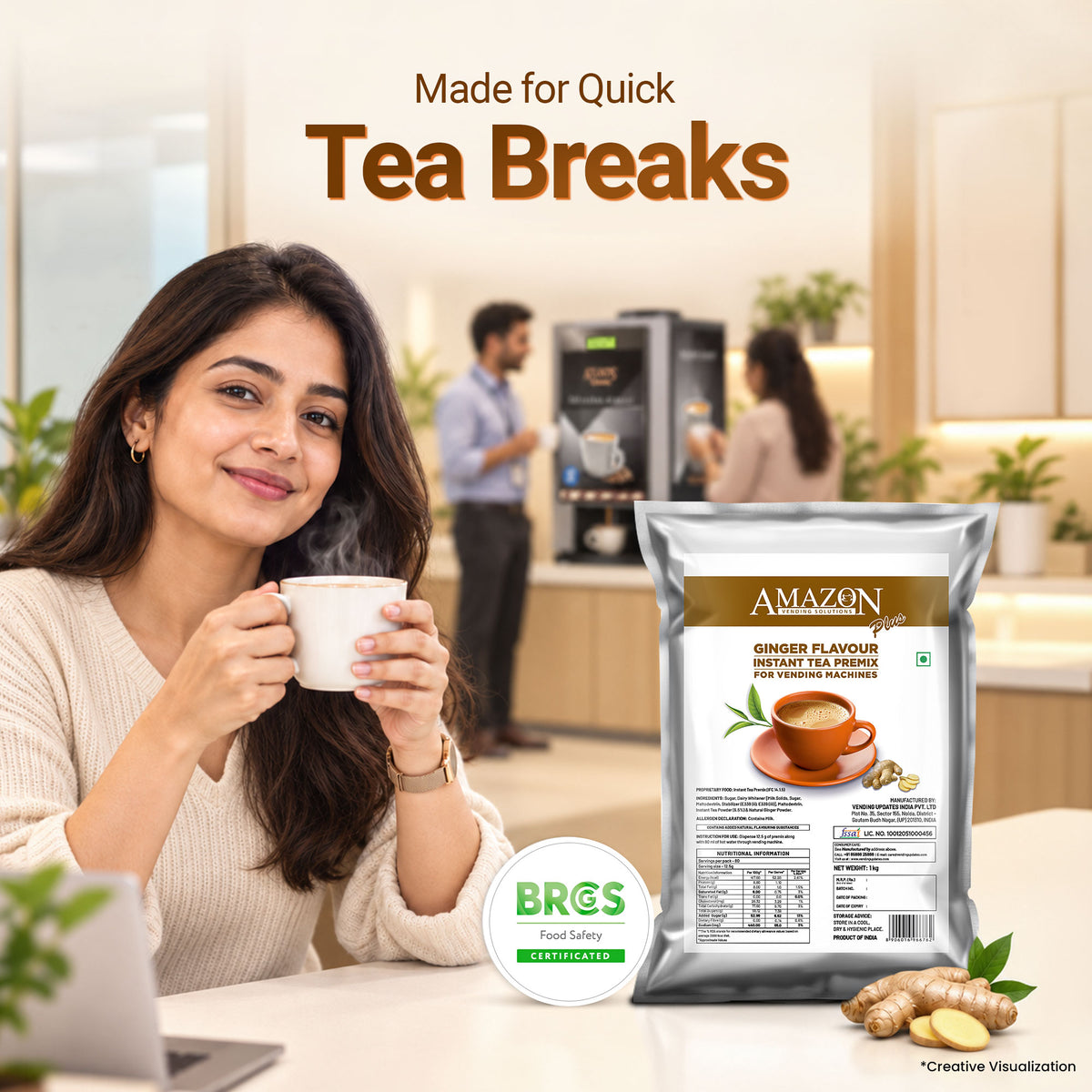 AMAZON Plus 3-in-1 Ginger Tea Premix – 1kg Pack | Instant Chai for Vending Machines – Just Add Hot Water