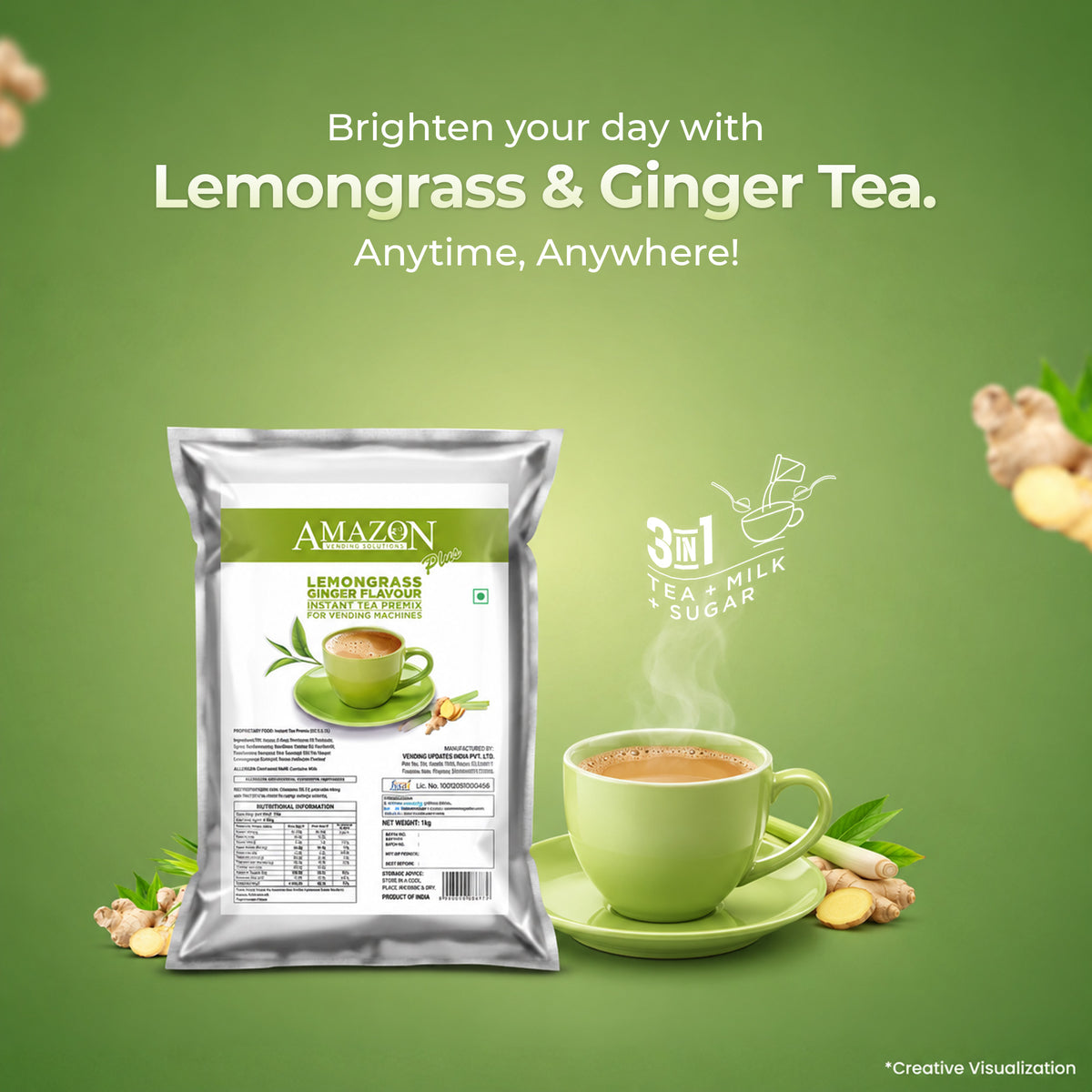 AMAZON Plus 3-in-1 Lemongrass Ginger Tea Premix | 1KG Pack | No Milk, Sugar Required