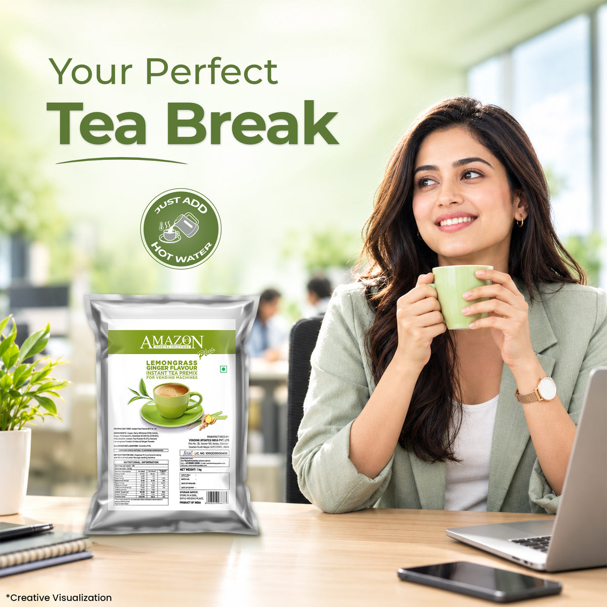 AMAZON Plus 3-in-1 Lemongrass Ginger Tea Premix | 1KG Pack | No Milk, Sugar Required
