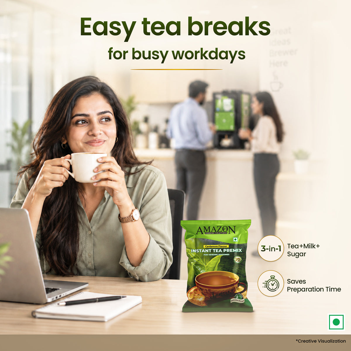 AMAZON Premium Cardamom Tea Premix – 1kg Pack | Rich Taste for Vending Machines | No Milk or Sugar Needed