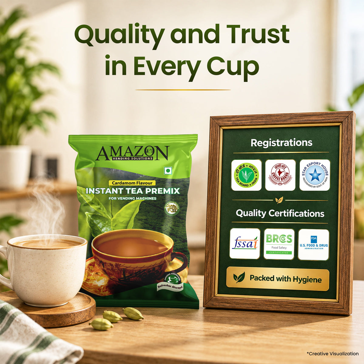 AMAZON Premium Cardamom Tea Premix – 1kg Pack | Rich Taste for Vending Machines | No Milk or Sugar Needed