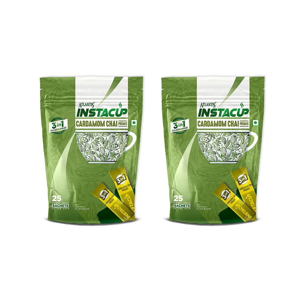 ATLANTIS INSTACUP 3-IN-1 Cardamom Chai Premix Single Serve Sachets Pack | 25 Sachets X 14 Grams Pouch | Travel-Friendly Zipper Lock Pack | Just Add Hot Water & Stir