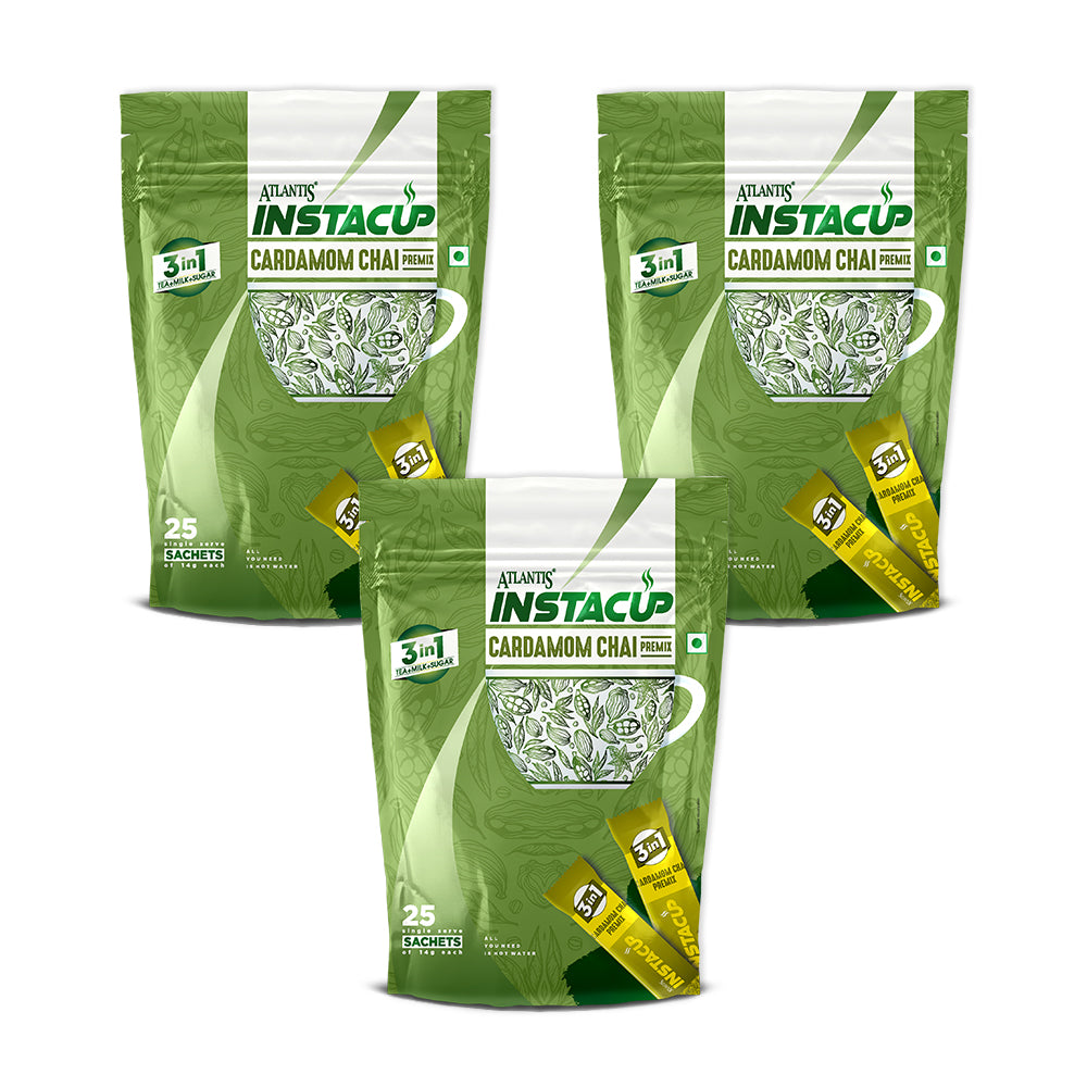 ATLANTIS INSTACUP 3-IN-1 Cardamom Chai Premix Single Serve Sachets Pack | 25 Sachets X 14 Grams Pouch | Travel-Friendly Zipper Lock Pack | Just Add Hot Water & Stir