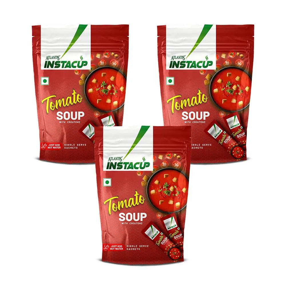 ATLANTIS INSTACUP Croutons Tomato Single Serve Sachets Soup Pack | 18 Sachets X 20 Grams Pack | Travel-Friendly Zipper Lock Pack | Just Add Hot Water & Stir