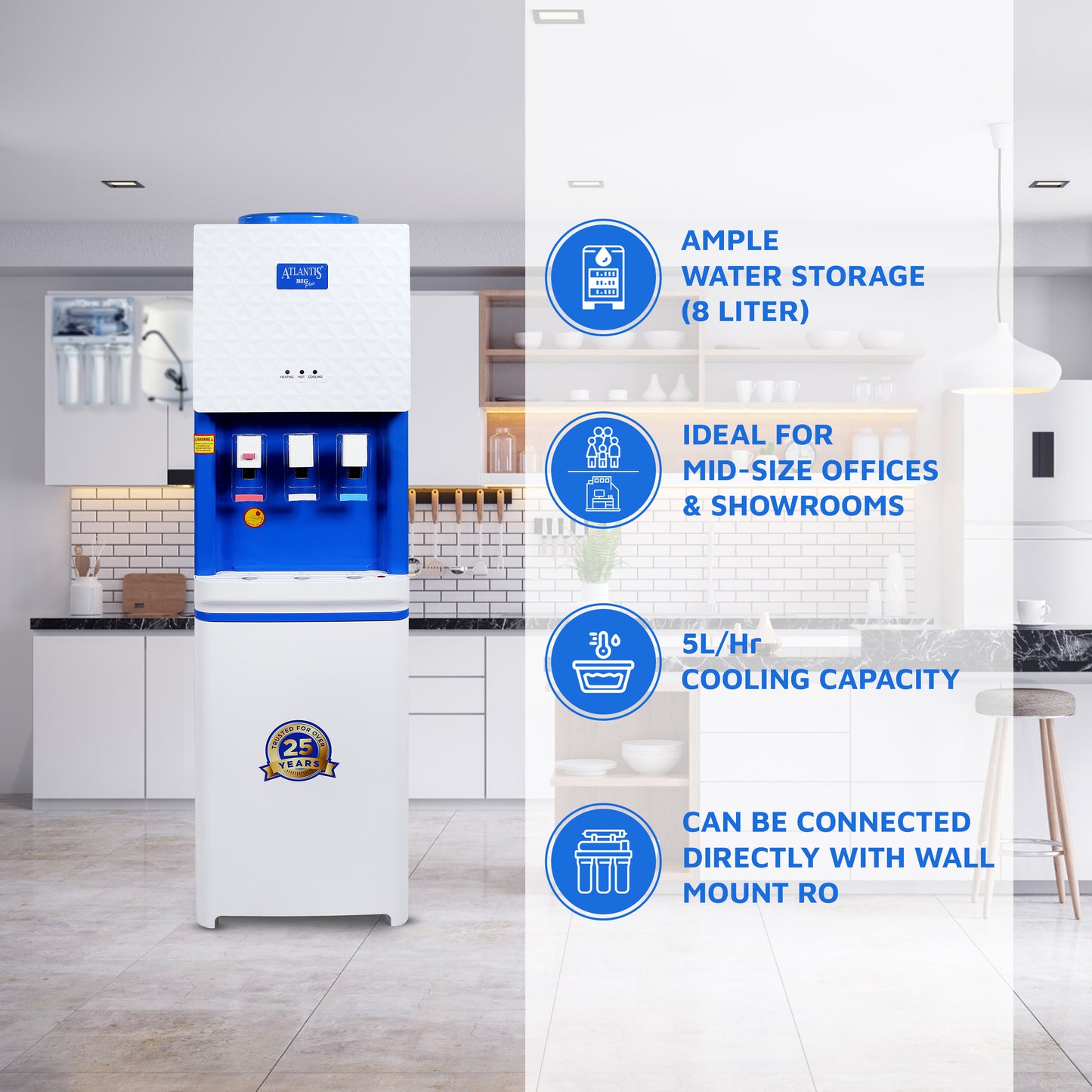 ATLANTIS BIG PLUS (Hot Normal & Cold) Floor Standing Water Dispenser-3 Taps | High-Capacity Compressor