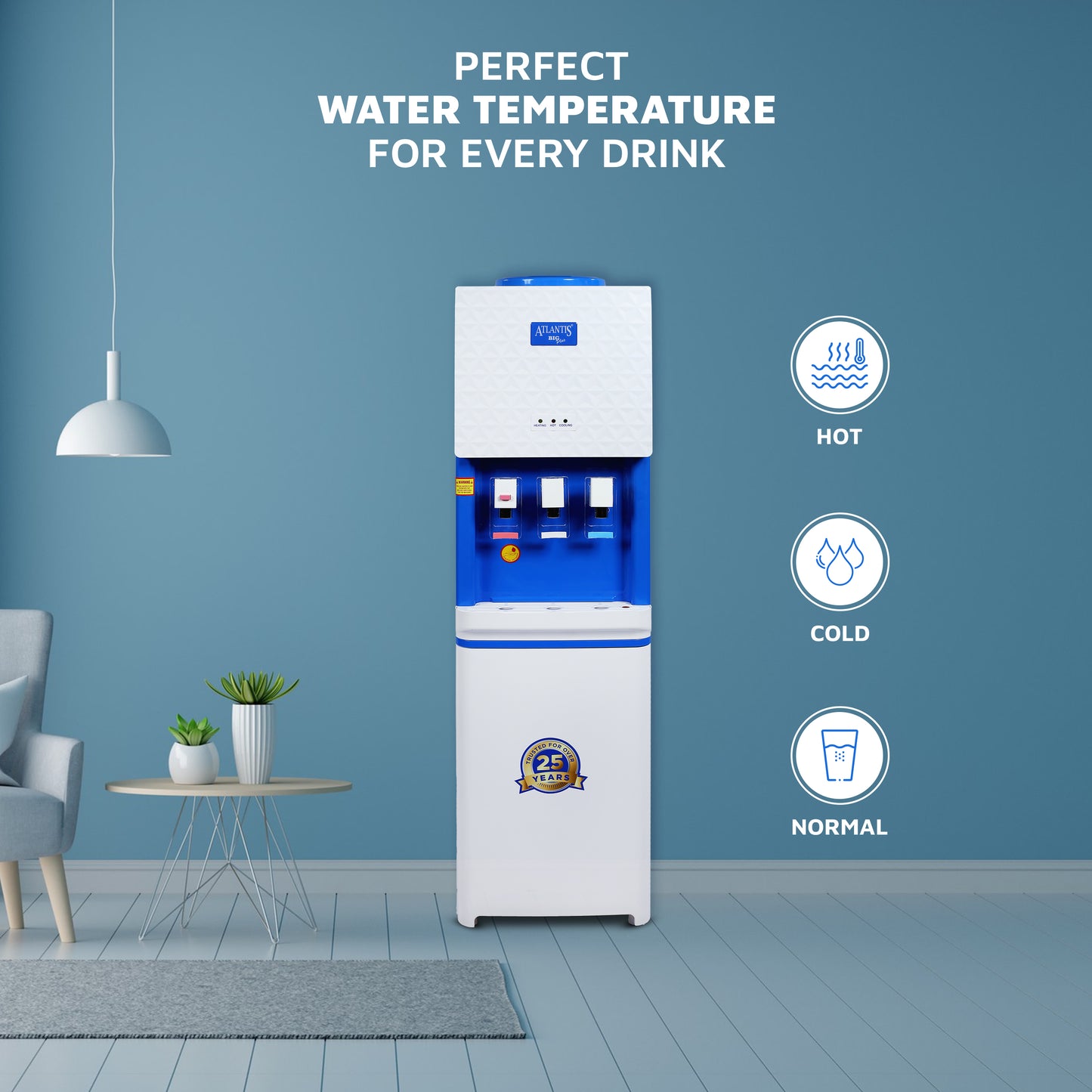 ATLANTIS BIG PLUS (Hot Normal & Cold) Floor Standing Water Dispenser-3 Taps | High-Capacity Compressor