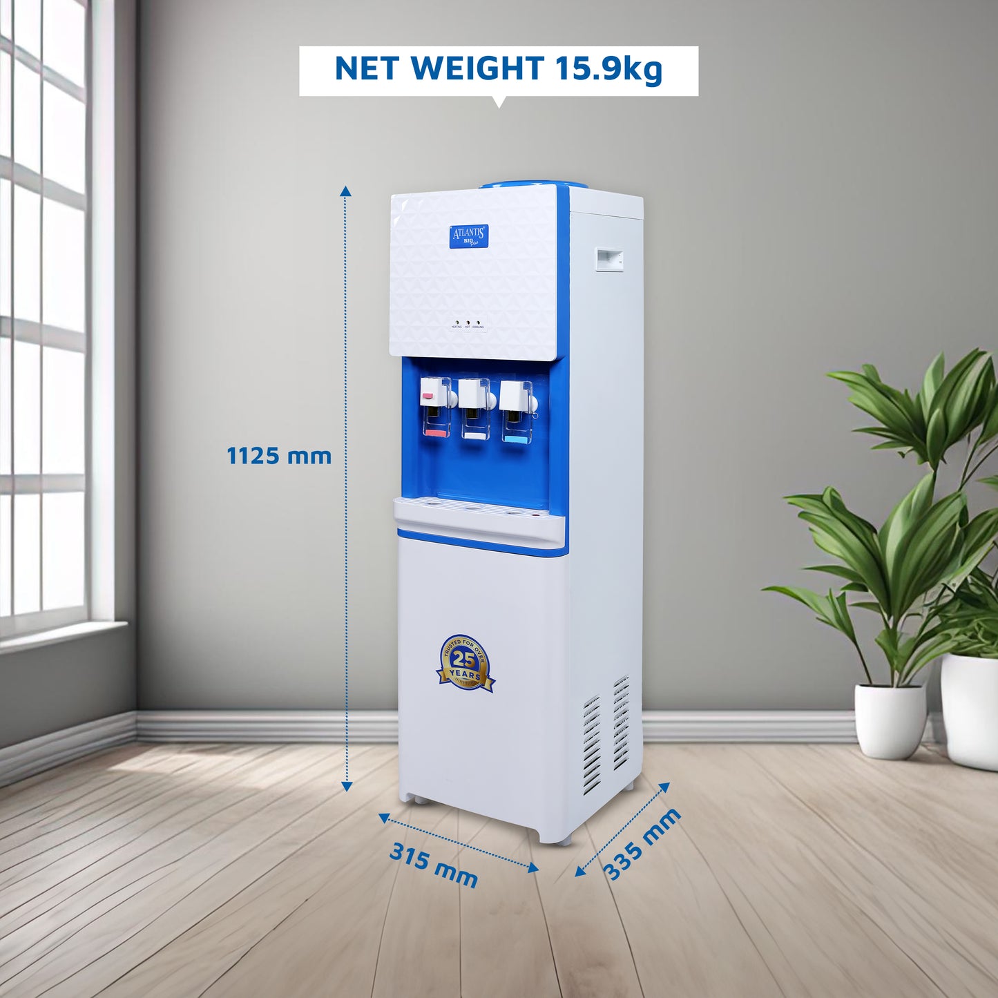 ATLANTIS BIG PLUS (Hot Normal & Cold) Floor Standing Water Dispenser-3 Taps | High-Capacity Compressor