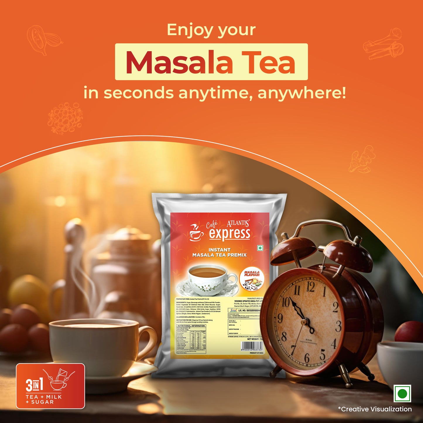 Cafe Express 3-in-1 Masala Tea Premix – 1kg Pack | Spicy Chai for Vending Machines | Just Add Hot Water