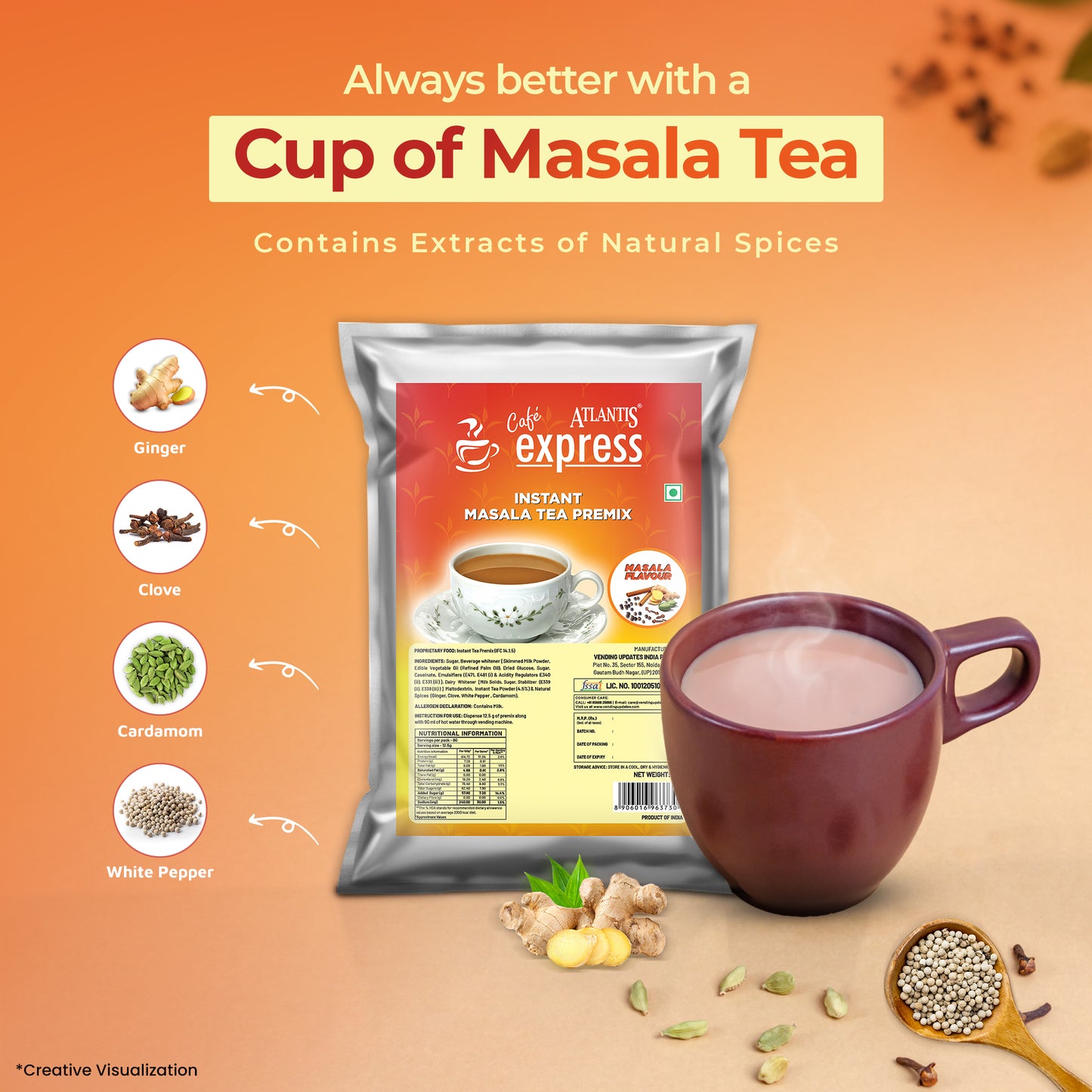 Cafe Express 3-in-1 Masala Tea Premix – 1kg Pack | Spicy Chai for Vending Machines | Just Add Hot Water