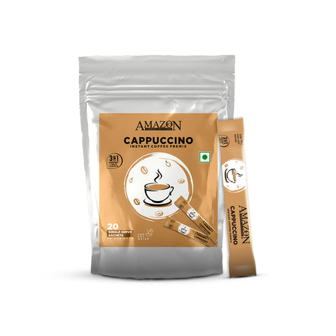 AMAZON 3-IN-1 CAPPUCCINO COFFEE Single Serve Sachets Premix Pack | 20 Sachets X 20 Grams Pouch | Travel-Friendly Zipper Pack | Just Add Hot Water & Stir