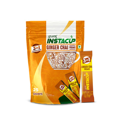 ATLANTIS INSTACUP 3-IN-1 Ginger Tea Premix Single Serve Sachets Pack | 25 Sachets X 14 Grams Pouch Pack | Travel-Friendly Zipper Lock Pack | Just Add Hot Water & Stir