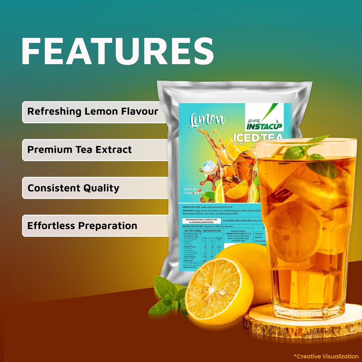 Atlantis Instacup Lemon Flavoured Iced Tea Premix | 1kg |  Just Add Cold Water | Uses In Cold Beverage Vending Machine