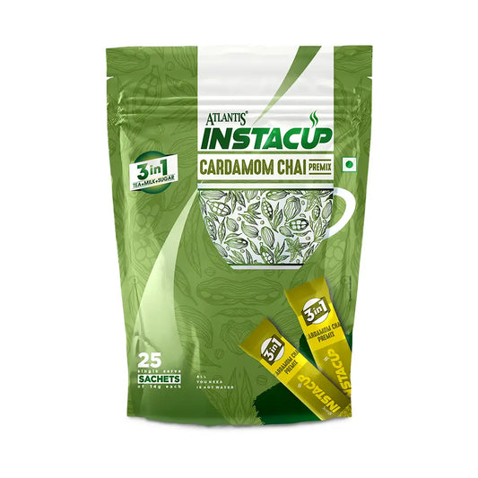 ATLANTIS INSTACUP 3-IN-1 Cardamom Chai Premix Single Serve Sachets Pack | 25 Sachets X 14 Grams Pouch | Travel-Friendly Zipper Lock Pack | Just Add Hot Water & Stir