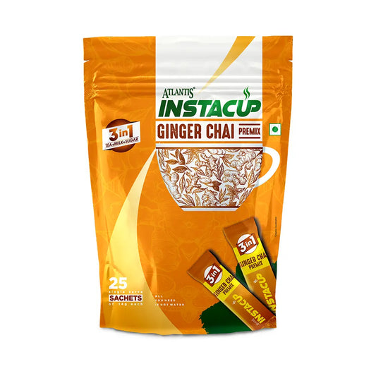 ATLANTIS INSTACUP 3-IN-1 Ginger Tea Premix Single Serve Sachets Pack | 25 Sachets X 14 Grams Pouch Pack | Travel-Friendly Zipper Lock Pack | Just Add Hot Water & Stir