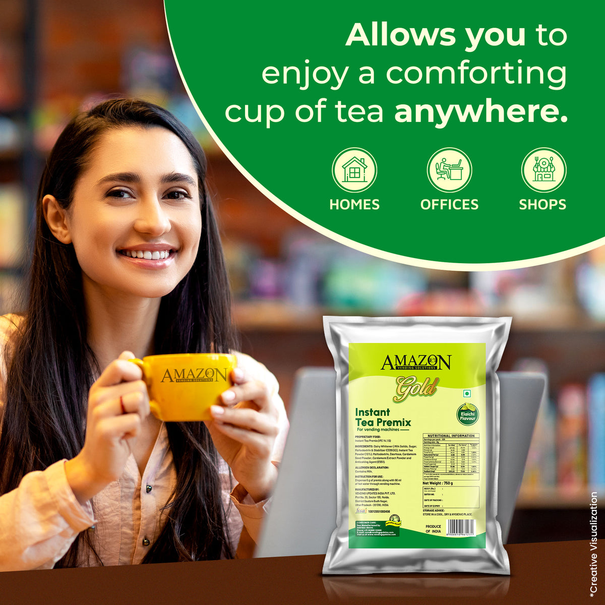 AMAZON Gold 3-in-1 Cardamom Tea Premix  – 750g Pack | Perfect for Vending Machines | Just Add Hot Water