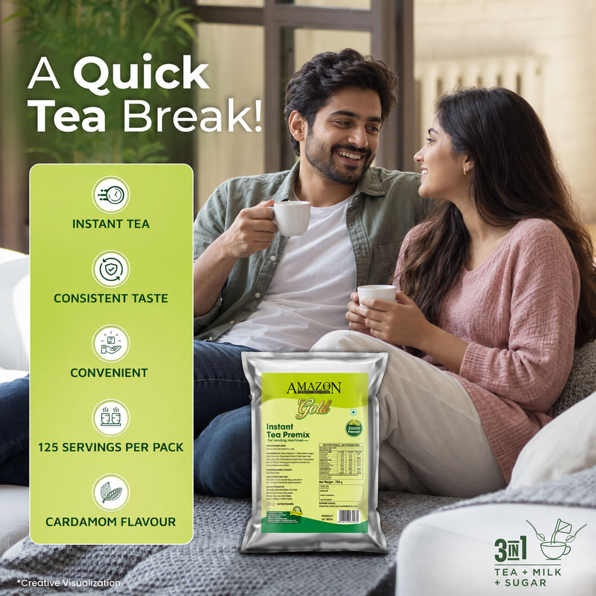 AMAZON Gold 3-in-1 Cardamom Tea Premix  – 750g Pack | Perfect for Vending Machines | Just Add Hot Water