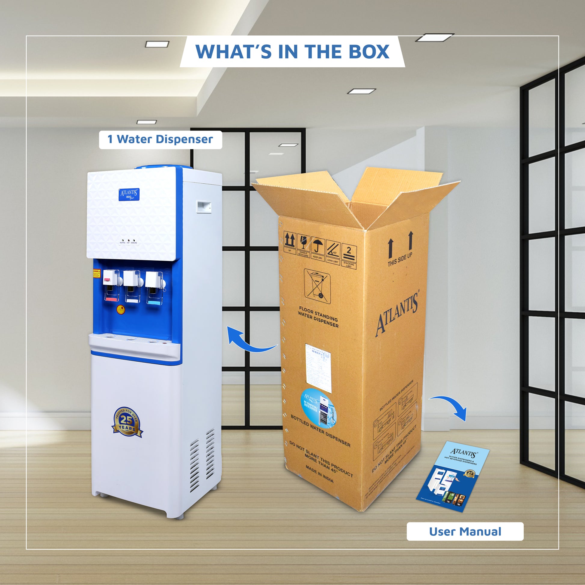 ATLANTIS BIG PLUS (Hot Normal & Cold) Floor Standing Water Dispenser-3 Taps | High-Capacity Compressor Box Material