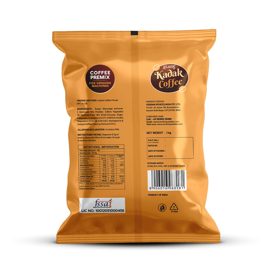 ATLANTIS Kadak 3-in-1 Coffee Premix – 1kg Pack for Strong Taste | Best for Vending Machines