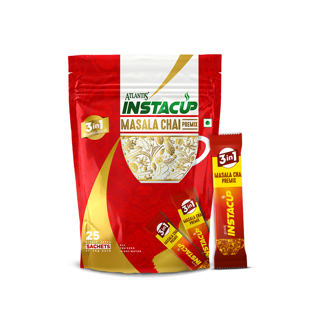 Atlantis InstaCup 3-IN-1 MASALA Chai Premix Single Serve Sachets Pack | 25 Sachets X 14 Grams Pouch Pack | Travel-Friendly Zipper Pack | Just Add Hot Water & Stir