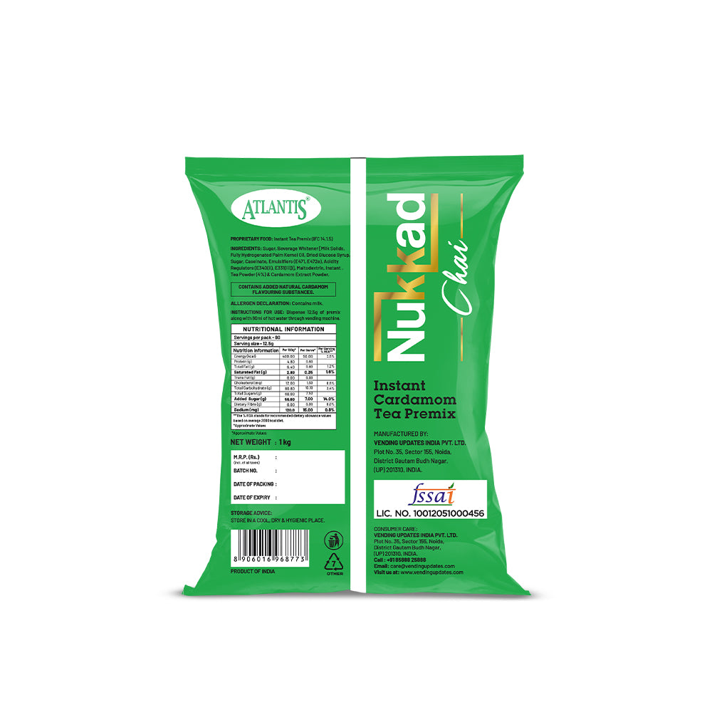 ATLANTIS Nukkad 3-in-1 Cardamom Tea Premix – 1kg Pack for Vending Machines | Strong Taste, No Milk or Sugar Needed
