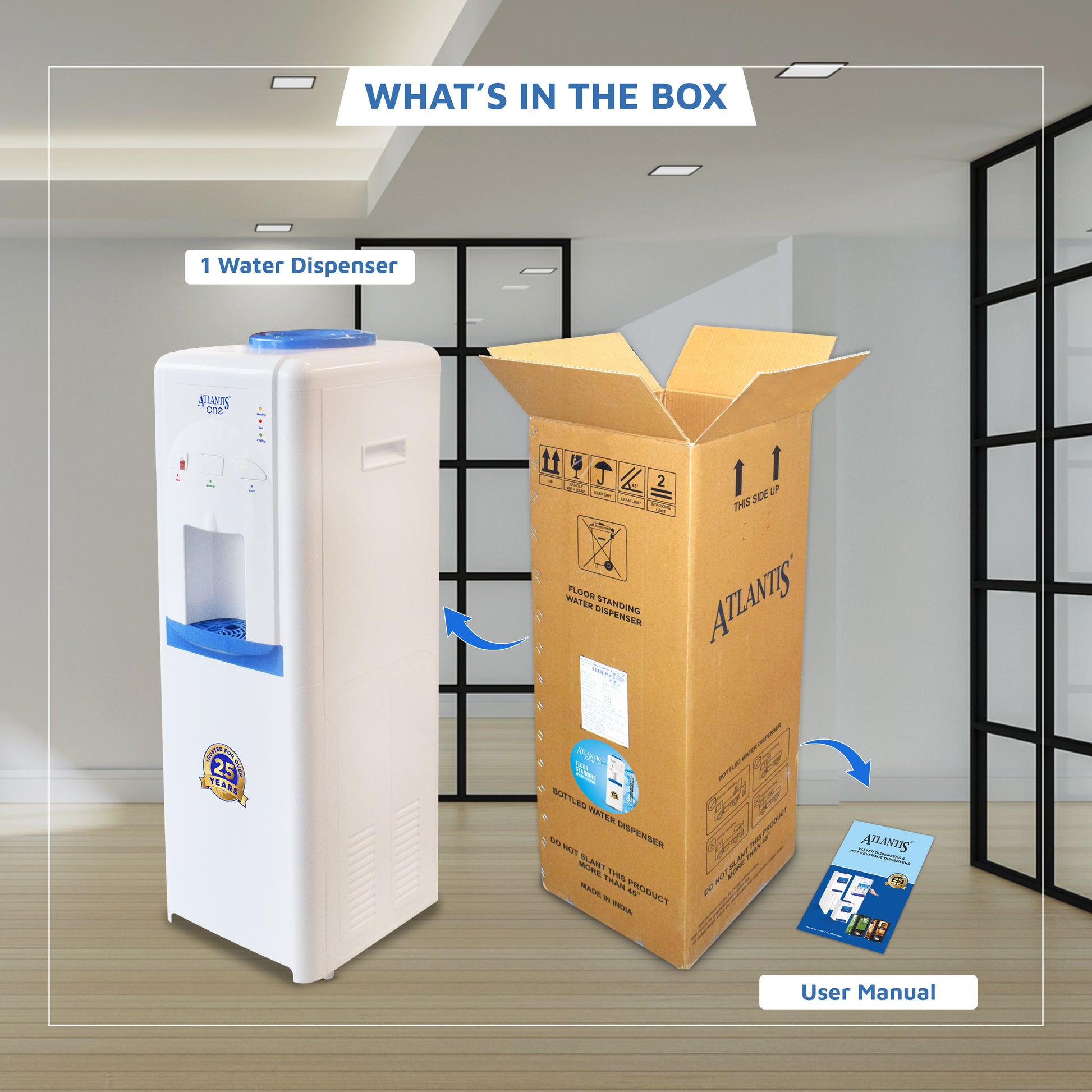 ATLANTIS ONE Floor Standing Water Dispenser | Hot, Normal & Cold- 3 Taps Box Material