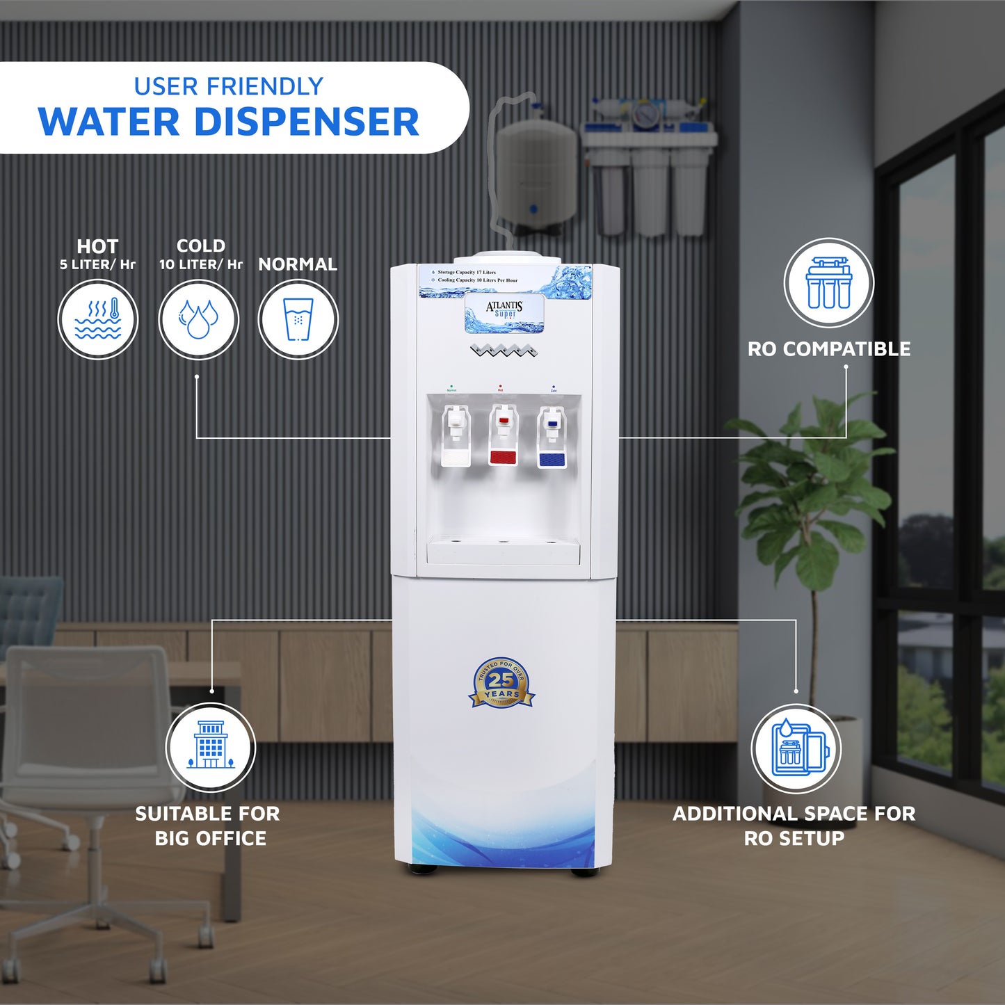 ATLANTIS SUPER (Normal, Hot & Cold) Floor Standing Water Dispenser with RO Compatible (Available Space for RO Setup) 