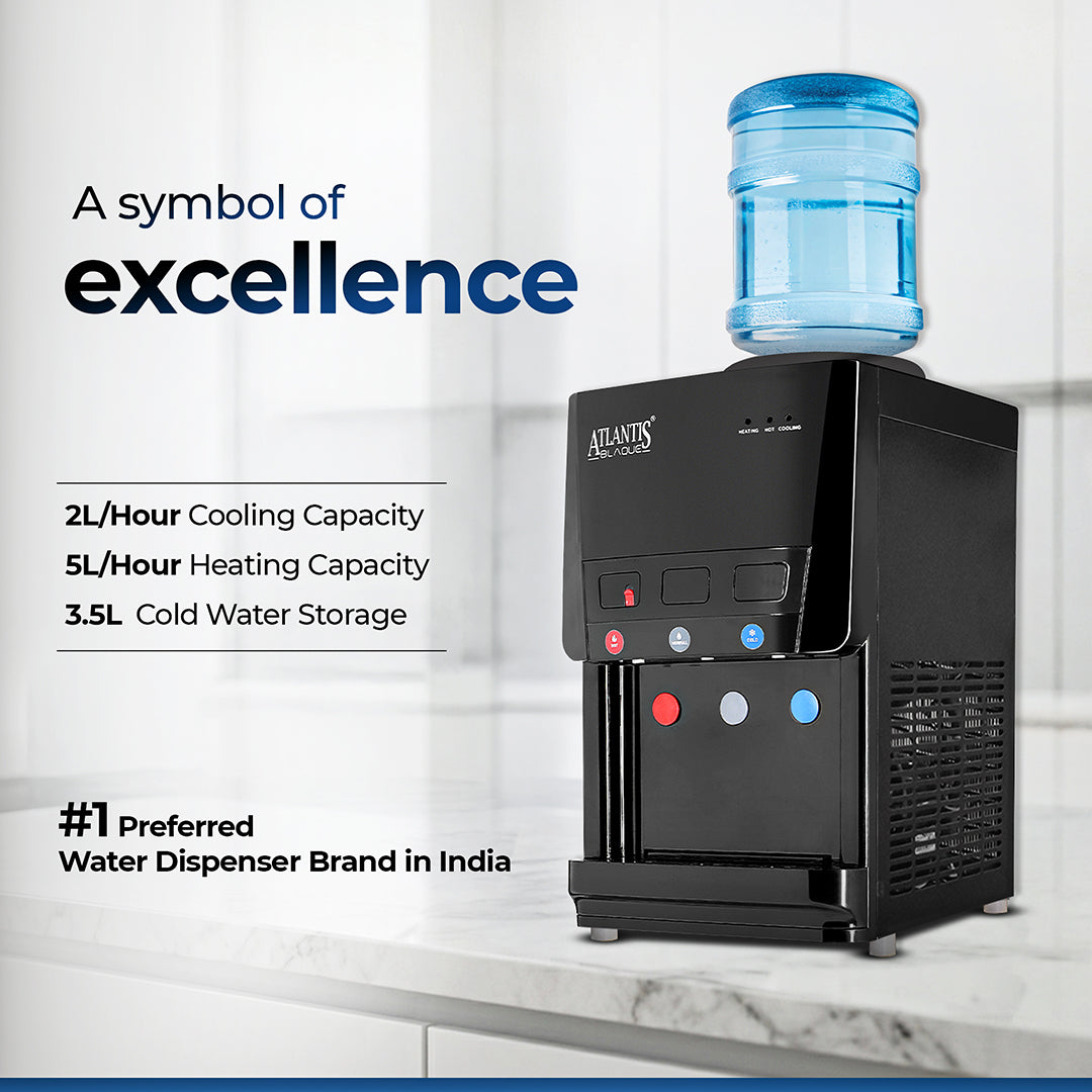 ATLANTIS BLAQUE | Smart Push Buttons | Hot, Normal & Cold Water | Table Top Water Dispenser | 1 Year Warranty | Child Safety Lock | Top Loading
