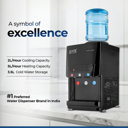 ATLANTIS BLAQUE | Smart Push Buttons | Hot, Normal & Cold Water | Table Top Water Dispenser | 1 Year Warranty | Child Safety Lock | Top Loading