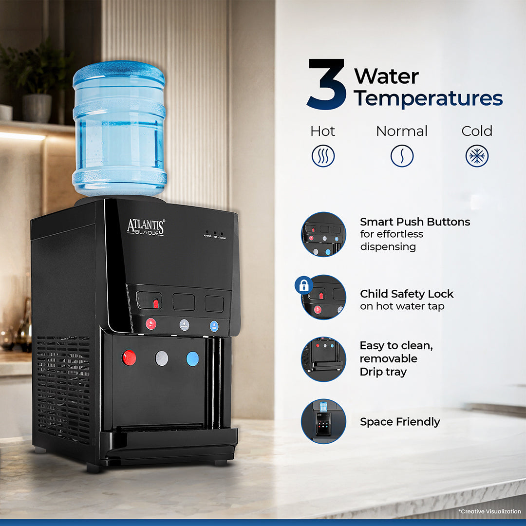 ATLANTIS BLAQUE | Smart Push Buttons | Hot, Normal & Cold Water | Table Top Water Dispenser | 1 Year Warranty | Child Safety Lock | Top Loading