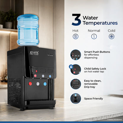 ATLANTIS BLAQUE | Smart Push Buttons | Hot, Normal & Cold Water | Table Top Water Dispenser | 1 Year Warranty | Child Safety Lock | Top Loading