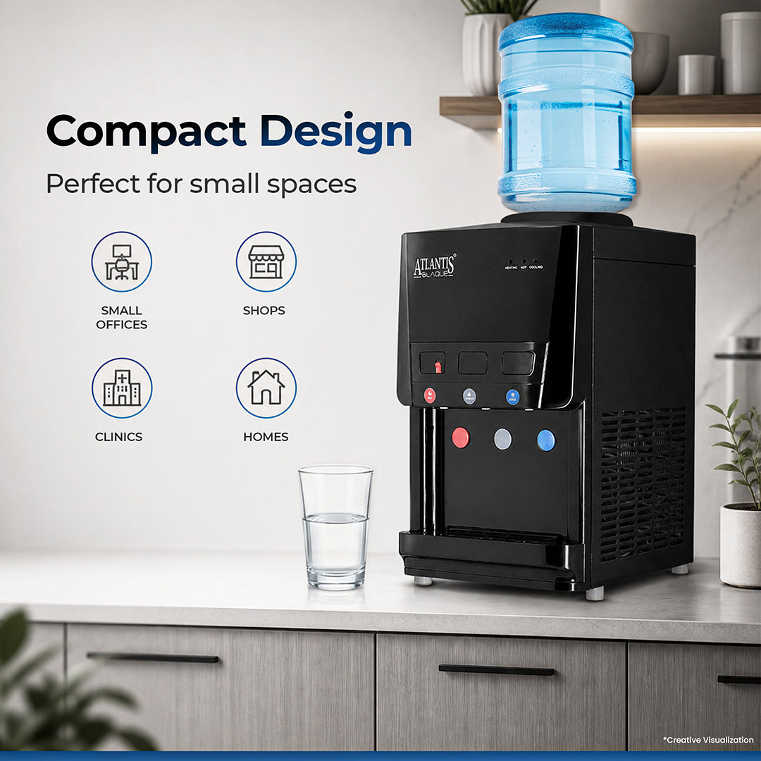 ATLANTIS BLAQUE | Smart Push Buttons | Hot, Normal & Cold Water | Table Top Water Dispenser | 1 Year Warranty | Child Safety Lock | Top Loading