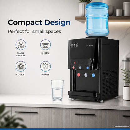 ATLANTIS BLAQUE | Smart Push Buttons | Hot, Normal & Cold Water | Table Top Water Dispenser | 1 Year Warranty | Child Safety Lock | Top Loading