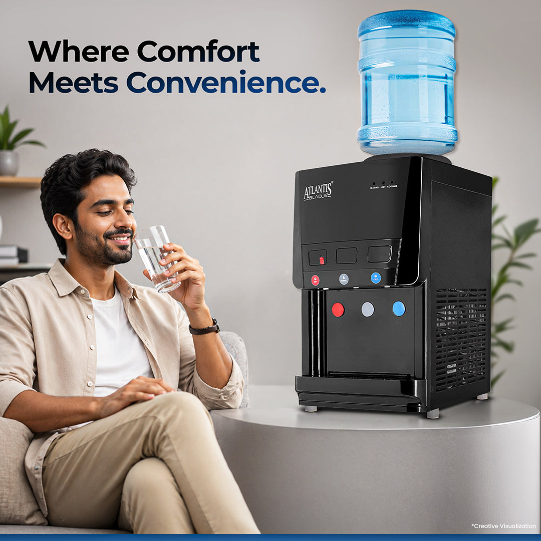 ATLANTIS BLAQUE | Smart Push Buttons | Hot, Normal & Cold Water | Table Top Water Dispenser | 1 Year Warranty | Child Safety Lock | Top Loading