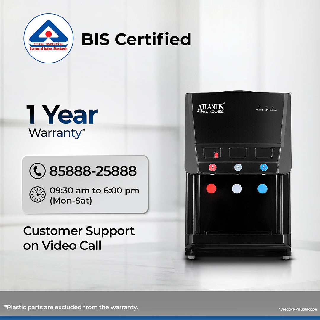 ATLANTIS BLAQUE | Smart Push Buttons | Hot, Normal & Cold Water | Table Top Water Dispenser | 1 Year Warranty | Child Safety Lock | Top Loading