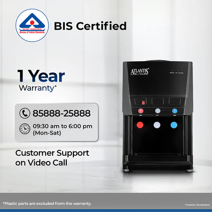 ATLANTIS BLAQUE | Smart Push Buttons | Hot, Normal & Cold Water | Table Top Water Dispenser | 1 Year Warranty | Child Safety Lock | Top Loading